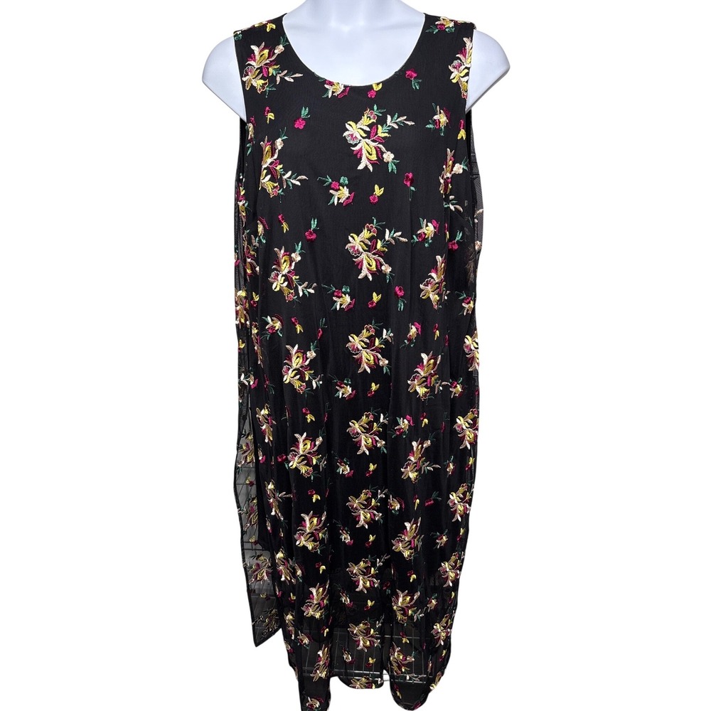 VINCE CAMUTO Womens Black Floral‎ Embroidered Mesh Shift Dress 3X Boho Romantic